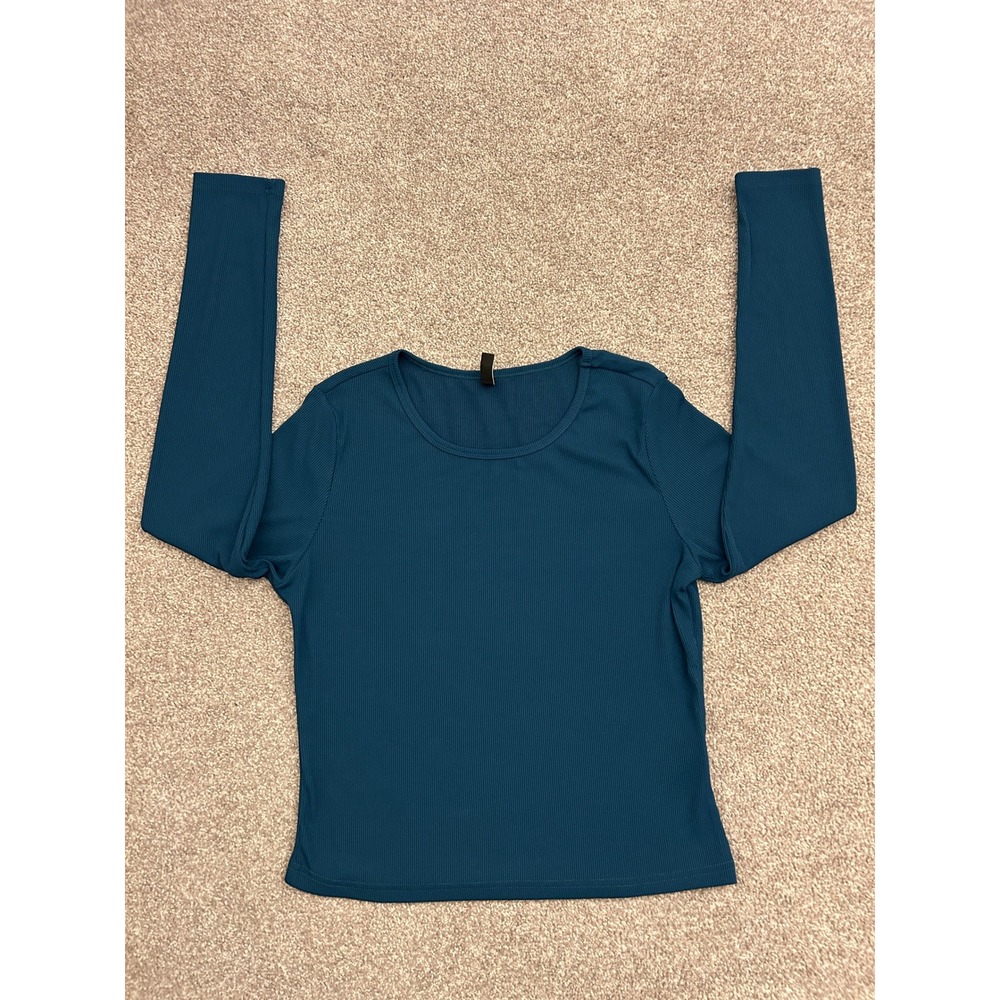 PrettyGarden Ribbed Knit Top Womens Large Teal Excellent Long Sleeve Crew Neck